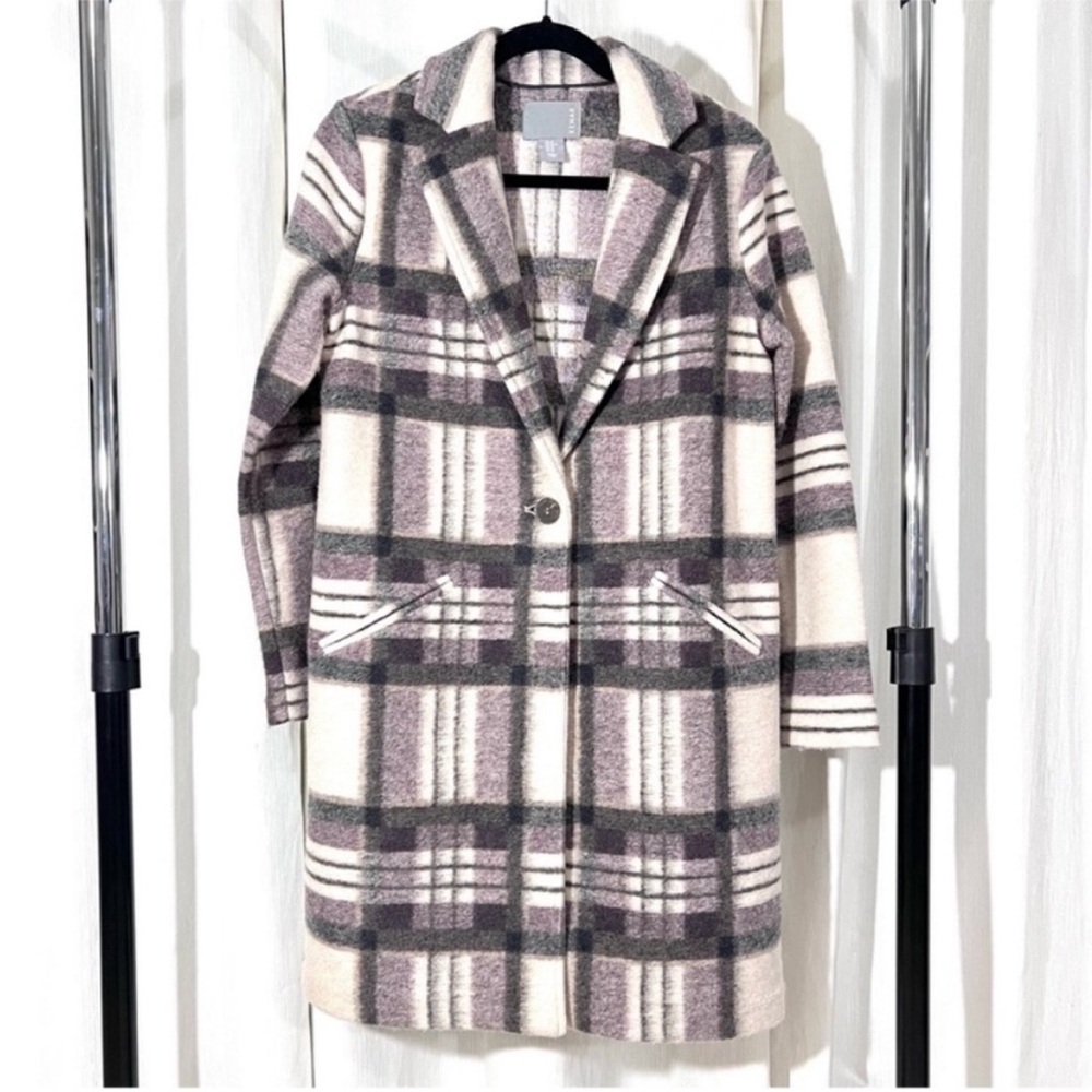 Kenar Plaid Wool Blend Coat Jacket XS – Single Button, Longline, Soft Neutrals